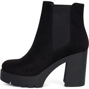 Women High Heel Lug Sole Chelsea Fashion Double Elastic Gore Ankle Boot-Black